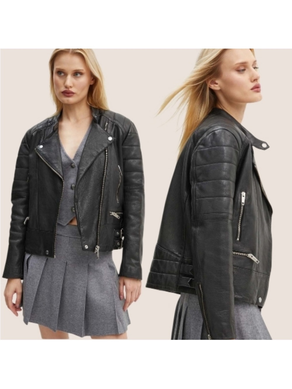 The Kooples Black Leather Moto Jacket with Red Quilted Lining